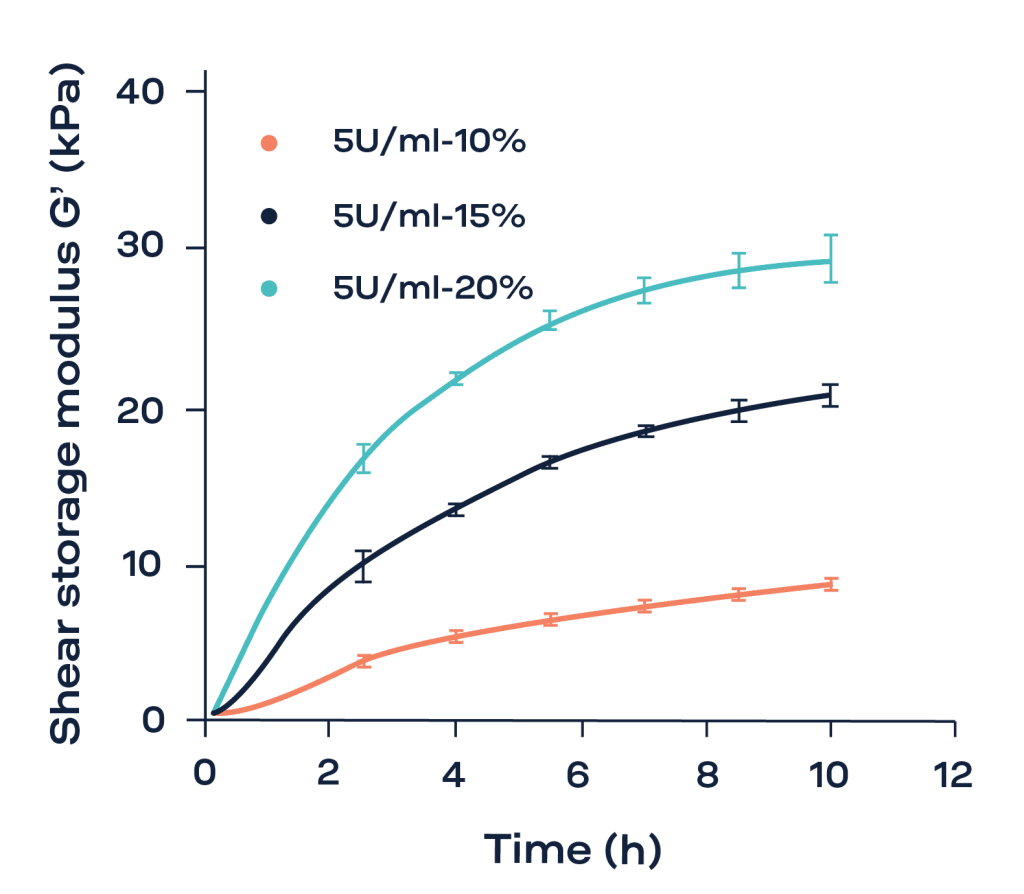 The time evolution of the shear storage modulus (kPa) of 10 %, 15 %, and 20 % (w/w %) gelatin with 5 U/mL of TG